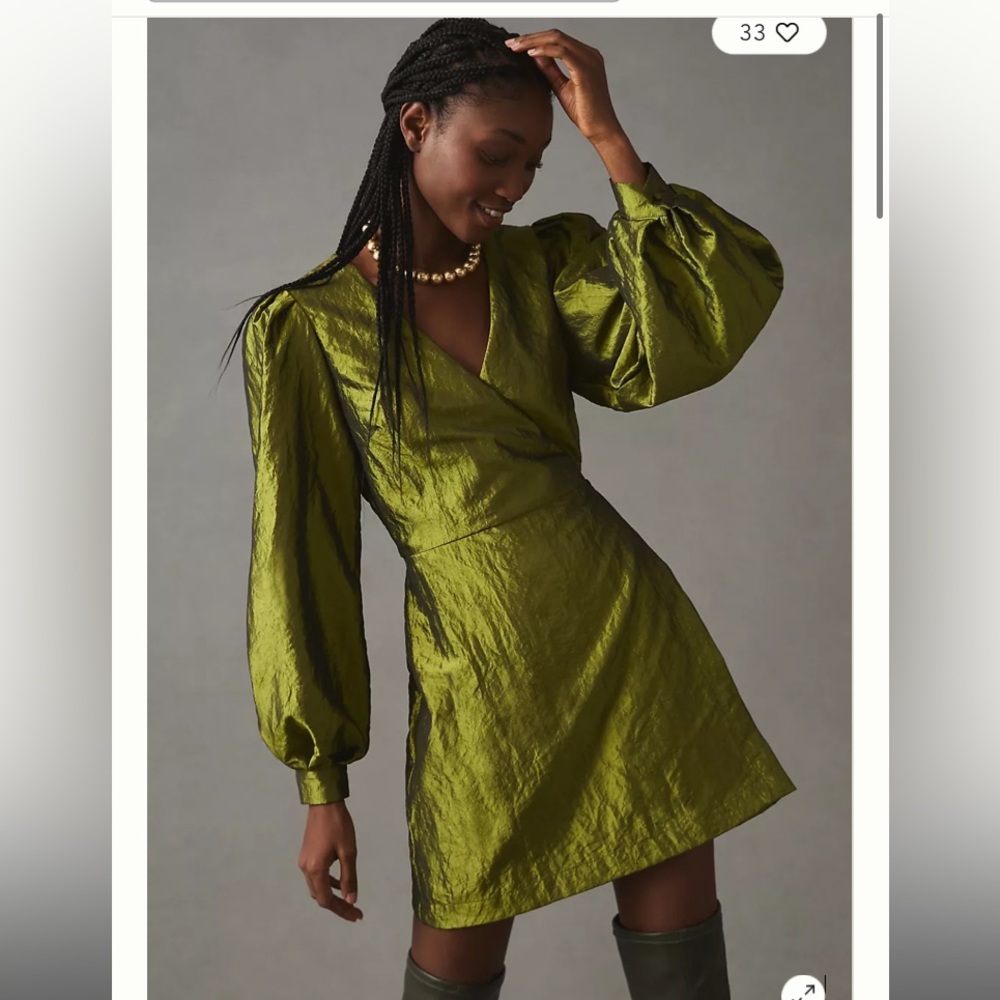 Puff sleeve taffeta wrap dress